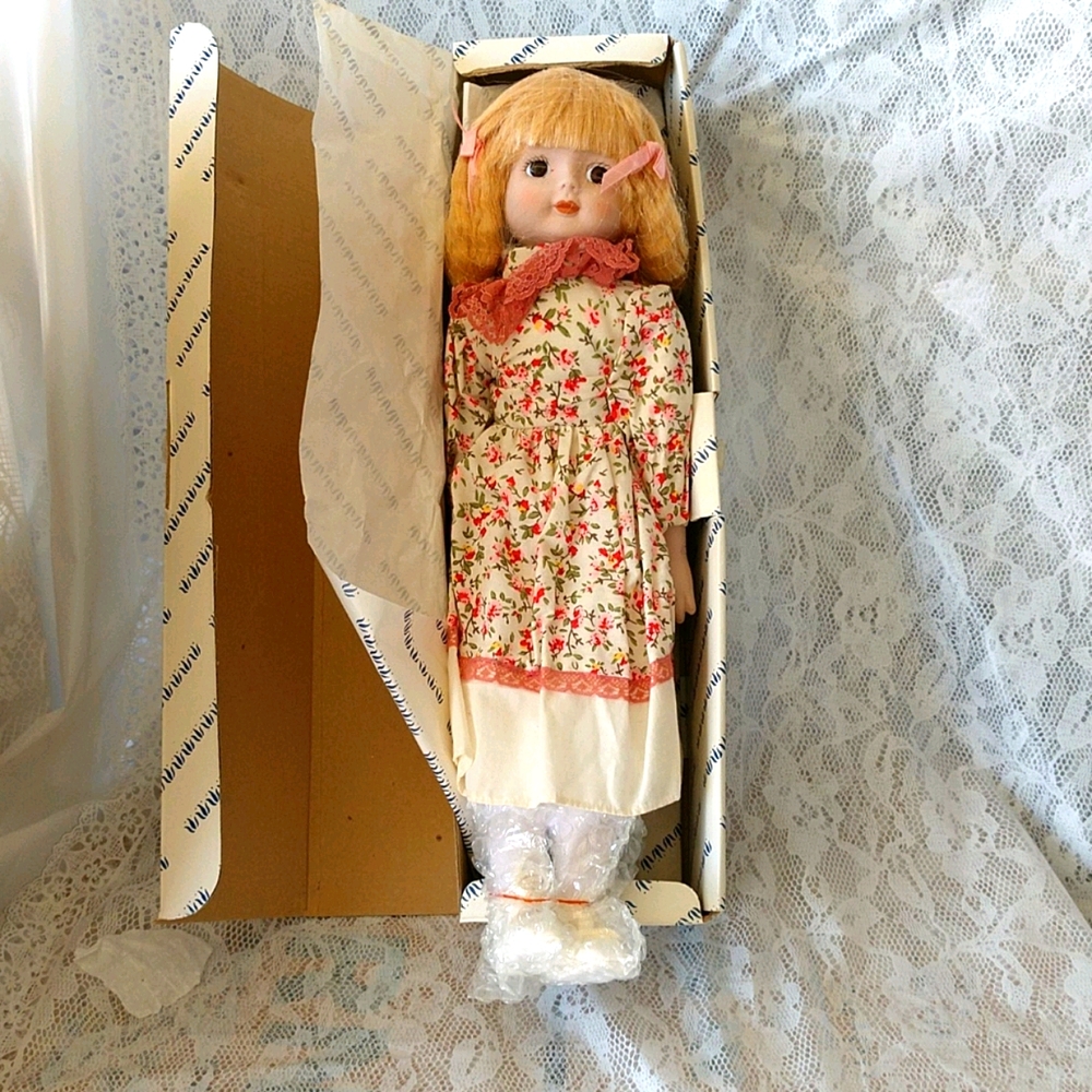 Vtg Porcelain Doll in Floral Red Pink Yellow Dress